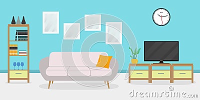 Living room interior with sofa, TV, shelf and pictures on the wall. Apartment, home or house inside with modern furniture. Vector Vector Illustration